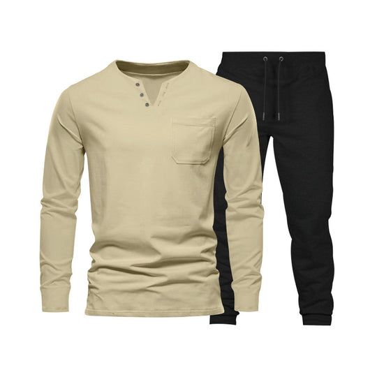 Herren Langarm‑Henley Loungewear‑Set mit Brusttasche und tapered Jogginghose Shop Nory