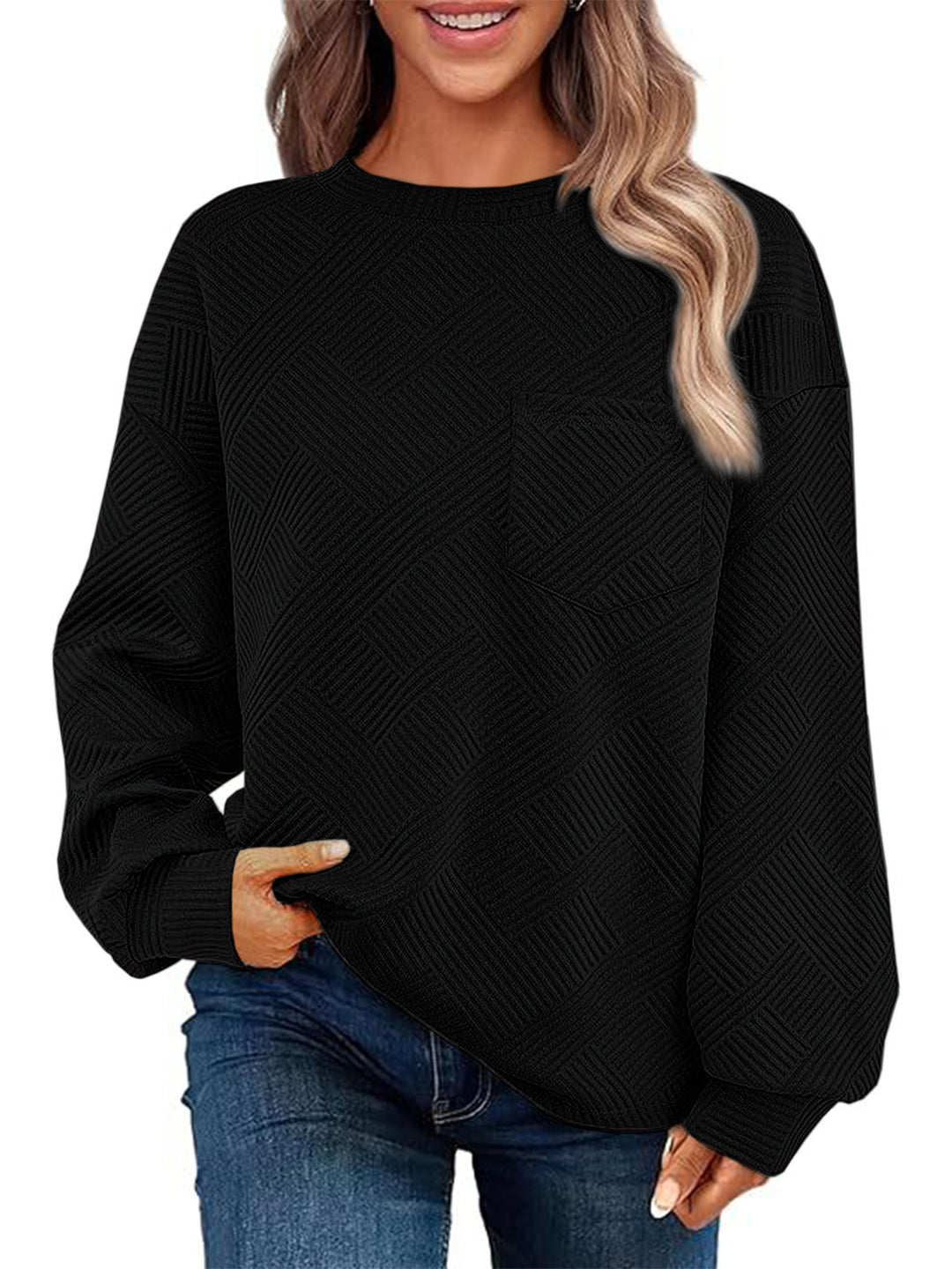 Damen Oversize Strukturstrick-Pullover mit Brusttasche Shop Nory