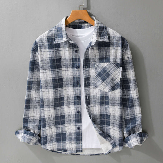 Herren Leichtes kariertes Layering-Overshirt aus Baumwoll‑Leinenmix mit diagonalem Brustpatch Shop Nory