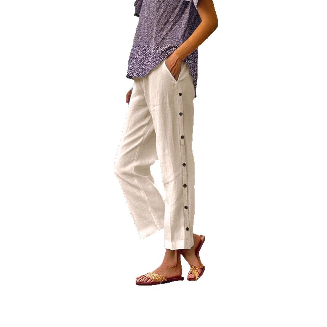 Damen Cropped Weitbeinige Knopf-Trim Leinen-Mischung Casual Hose Shop Nory