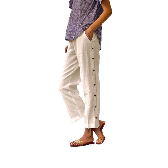 Damen Cropped Weitbeinige Knopf-Trim Leinen-Mischung Casual Hose Shop Nory