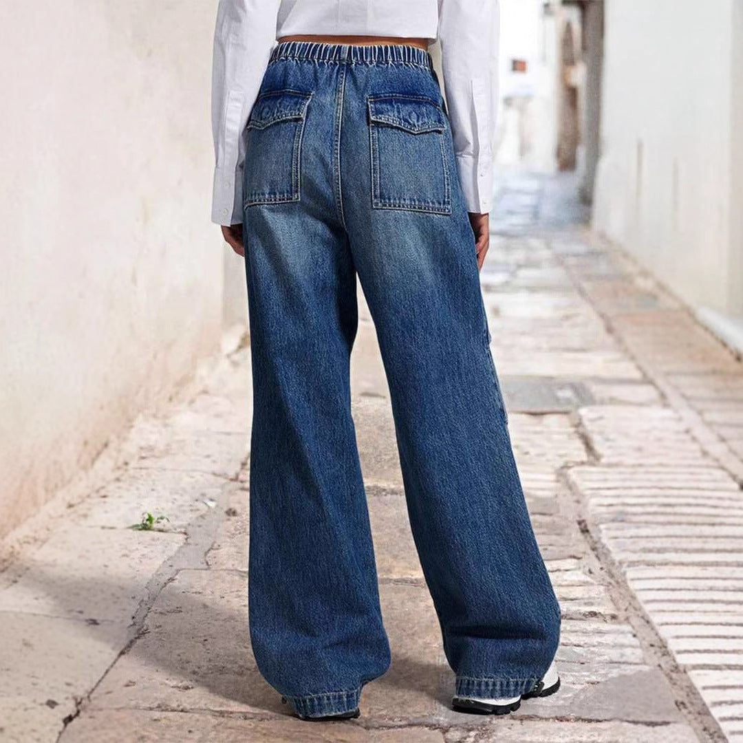 Damen Weite Denim-Hose mit elastischem Bund und hohen Taschen