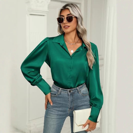 Damen Seidenoptik-Bluse mit Hemdkragen, verdeckter Knopfleiste und langen Manschetten Shop Nory