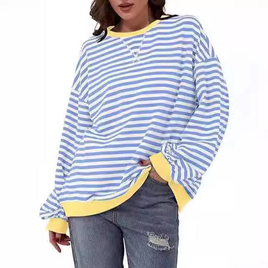 Damen Gestreifter Oversize Pullover mit Kontrastbündchen Shop Nory