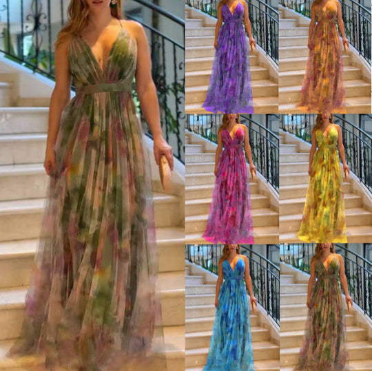 Damen Maxikleid mit tiefem V-Ausschnitt und fließendem Chiffon Shopnory