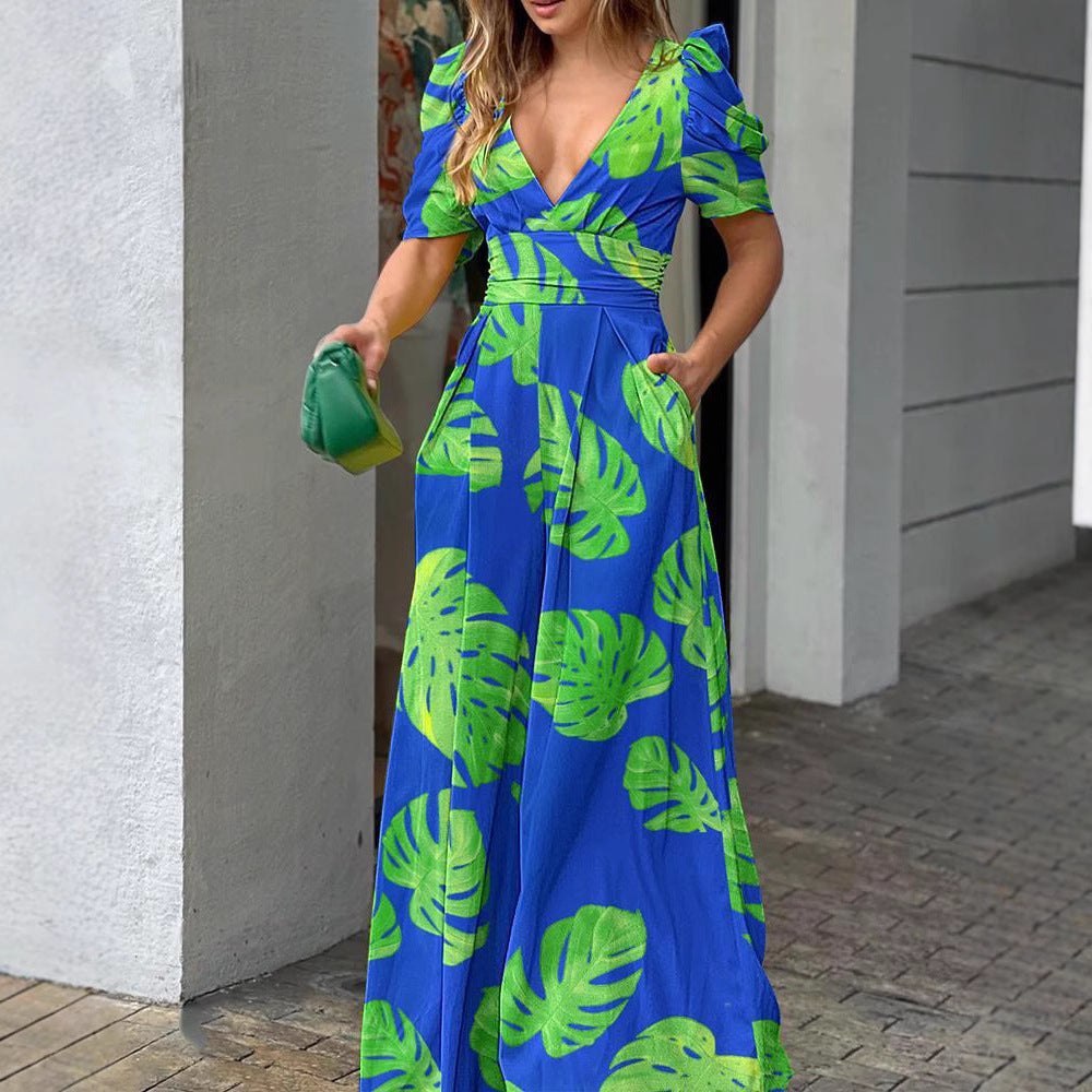 Damen Sommerliches Maxikleid mit voluminösen Puffärmeln und seitlichen Taschen Shopnory