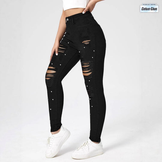Damen Hochtaillierte zerrissene Skinny-Jeans mit Perlenbesatz und Sculpting-Effekt Shop Nory