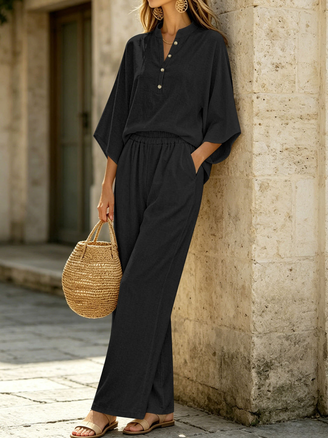 Damen Leichtes Jersey-Set mit Oversize-Henleybluse, Kimonoärmeln und weiter Bundhose Shop Nory