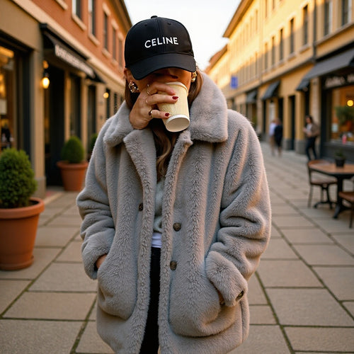 Damen Oversize Kunstfell-Mantel mit Reverskragen, aufgesetzten Taschen und Knopfleiste Shop Nory