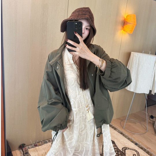 Damen Oversize Utility-Jacke mit Ballonärmeln und Kordelzug Shop Nory