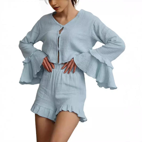 Damen Zweiteiliges Crinkle-Lounge-Set mit Volant-Shorts und gestuften Trompetenärmeln Shop Nory