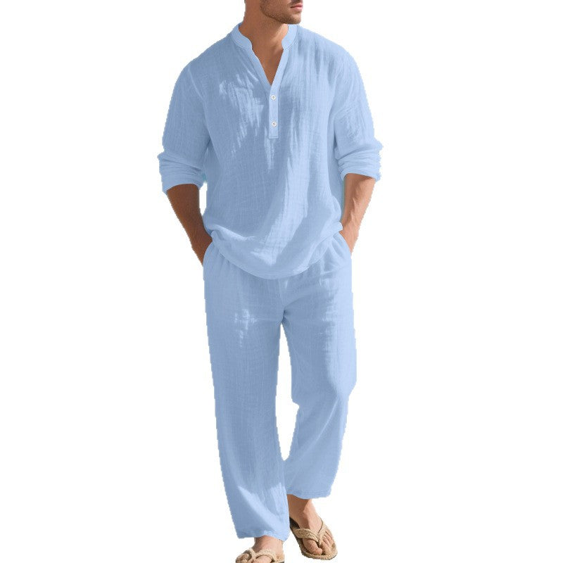 Herren nan legeres Henley-Set aus leichter Leinenoptik mit Stehkragen und elastischer Tunnelzughose Shop Nory
