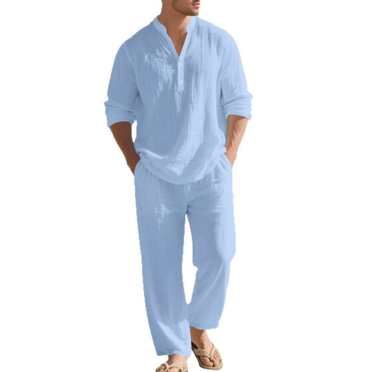 Herren nan legeres Henley-Set aus leichter Leinenoptik mit Stehkragen und elastischer Tunnelzughose Shop Nory