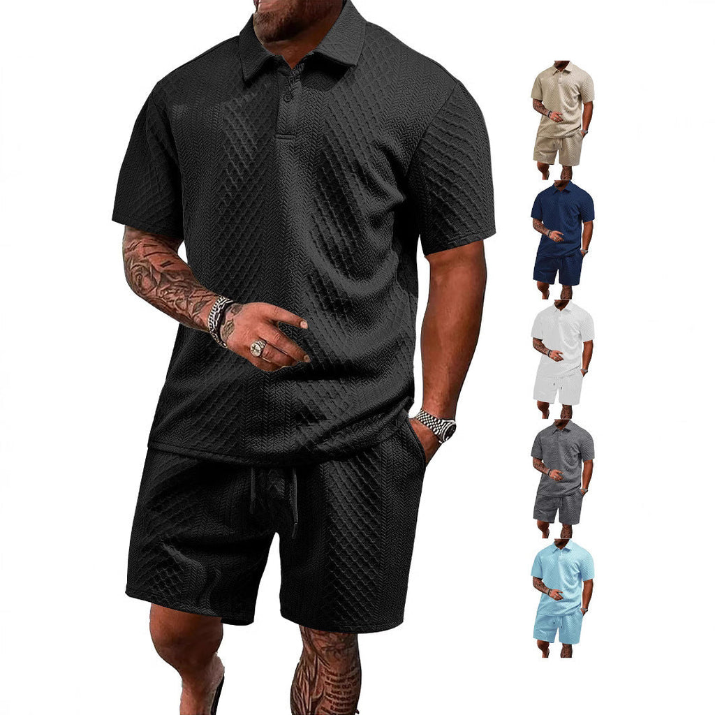 Herren nan geprägtes Waffel-Polo mit Kentkragen und elastischer Tunnelzugshorts im Set