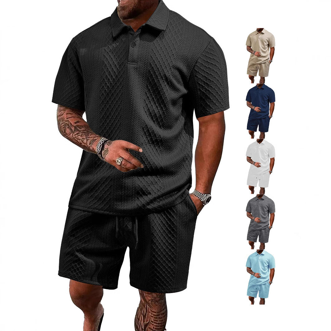 Herren nan geprägtes Waffel-Polo mit Kentkragen und elastischer Tunnelzugshorts im Set