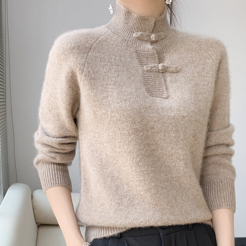 Damen Kaschmir‑Optik Mockneckpullover mit dekorativer KnShop Noryelknopfblende Shop Nory