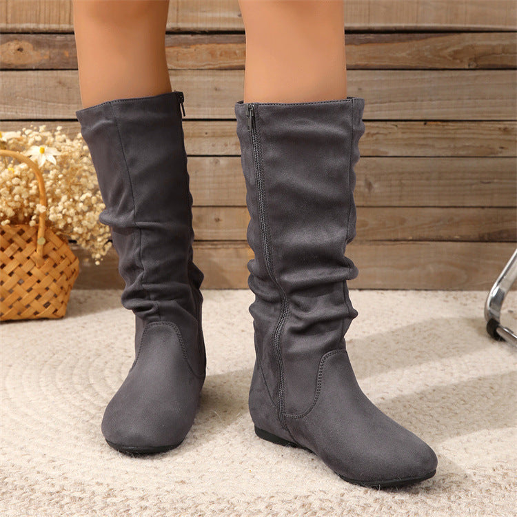 Damen Slouch-Stiefel mit flachem Absatz, seitlichem Reißverschluss und weichem Velours Shop Nory