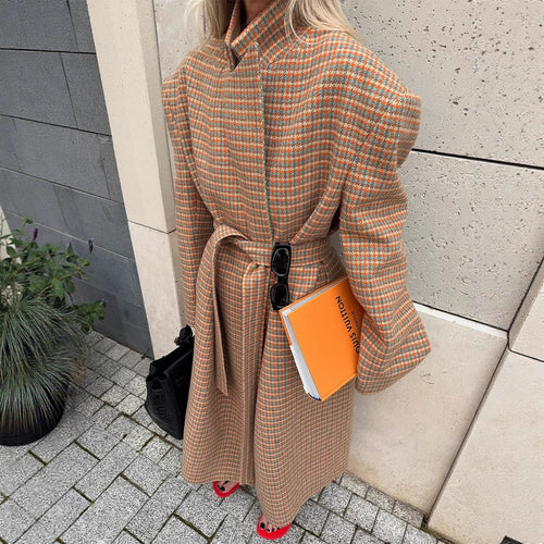 Damen Oversize Wollmantel mit Hahnentritt-Muster und Taillengürtel Shop Nory