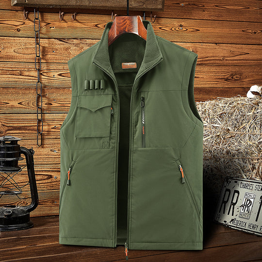Herren Ärmellose Softshell-Outdoor-Weste mit Fleecefutter, hohem Stehkragen und Multifunktions‑Taschen Shop Nory