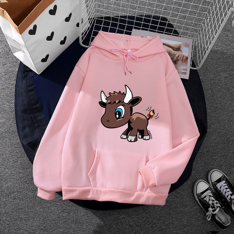 Damen nan Kapuzenpullover mit charmantem Stier-Karikaturprint, Kängurutasche und entspanntem Oversize-Schnitt Shop Nory