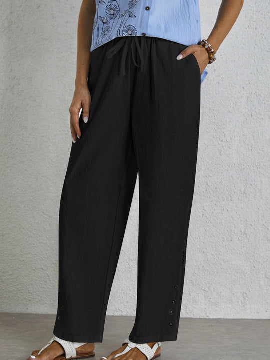 Damen Leichte Palazzo-Hose mit Gummibund, Tunnelzug und Zierknopf-Detail Shop Nory