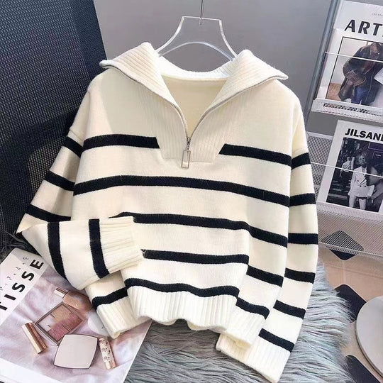 Damen Gestreifter Halb-Reißverschluss Strickpullover mit Rippenkragen Shop Nory