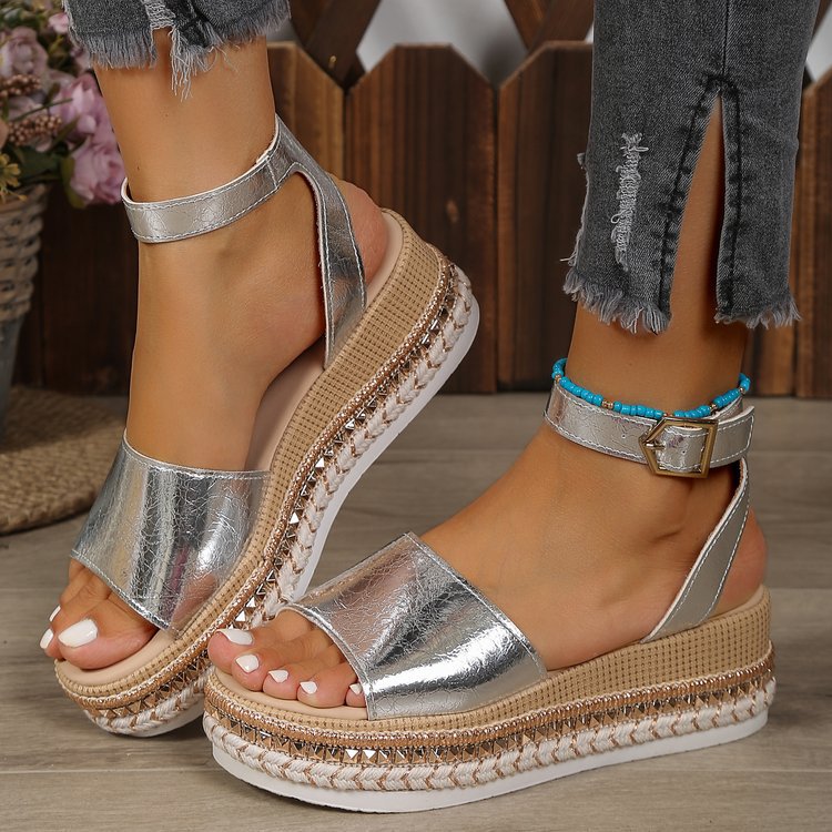Damen Riemensandalen mit modischer Schmuckverzierung und Plateau-Rand