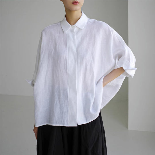 Damen Weite Boxy-Leinenbluse mit verdeckter Knopfleiste, Stehkragen und krempelbaren Ärmeln Shop Nory