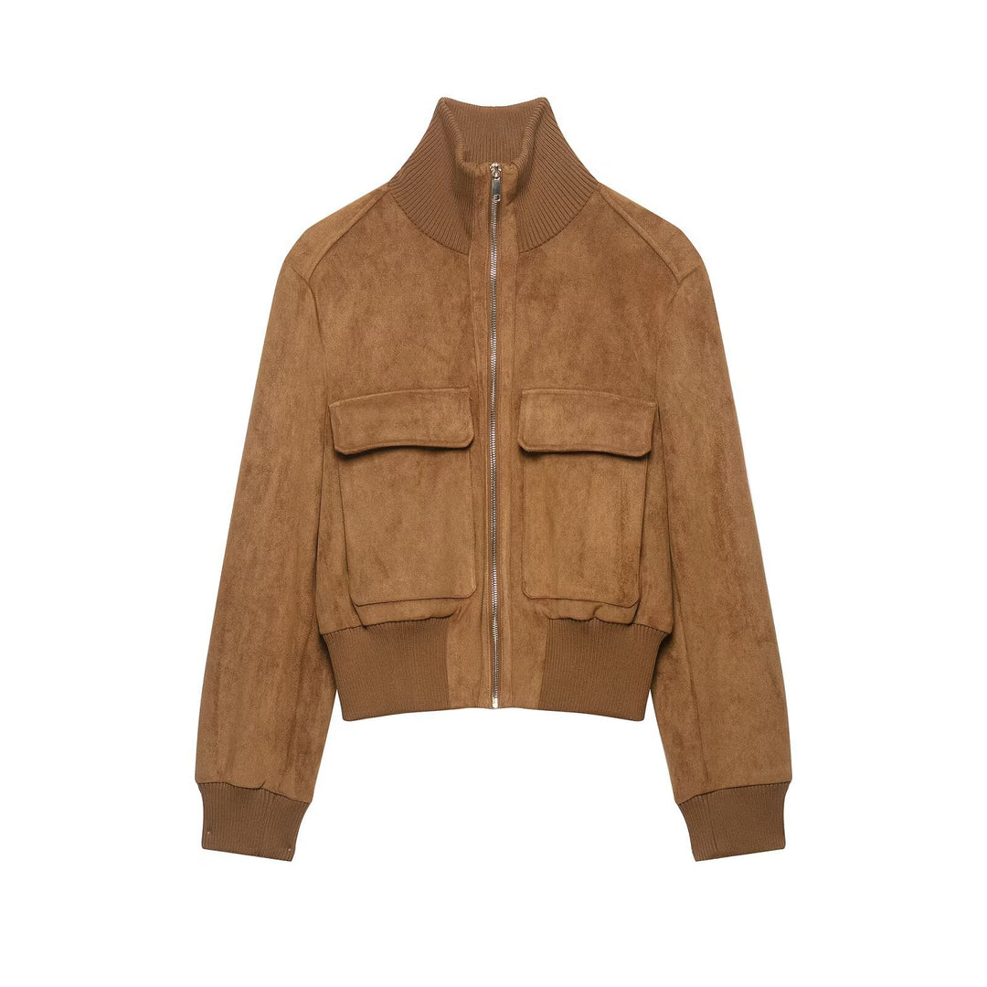 Damen kurzgeschnittene Wildleder-Bomberjacke mit hohem Rippkragen und Pattentaschen Shop Nory