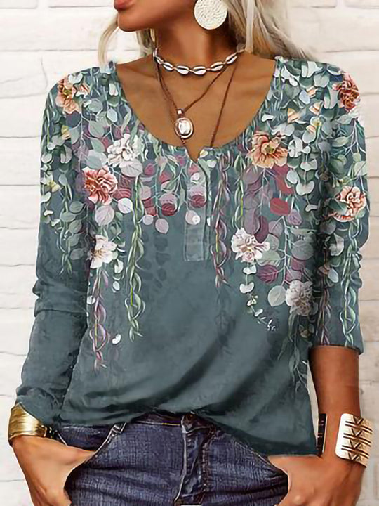 Damen Boho-Tunika mit floralen Hängeranken, V-Ausschnitt und dreiviertelärmeln Shop Nory