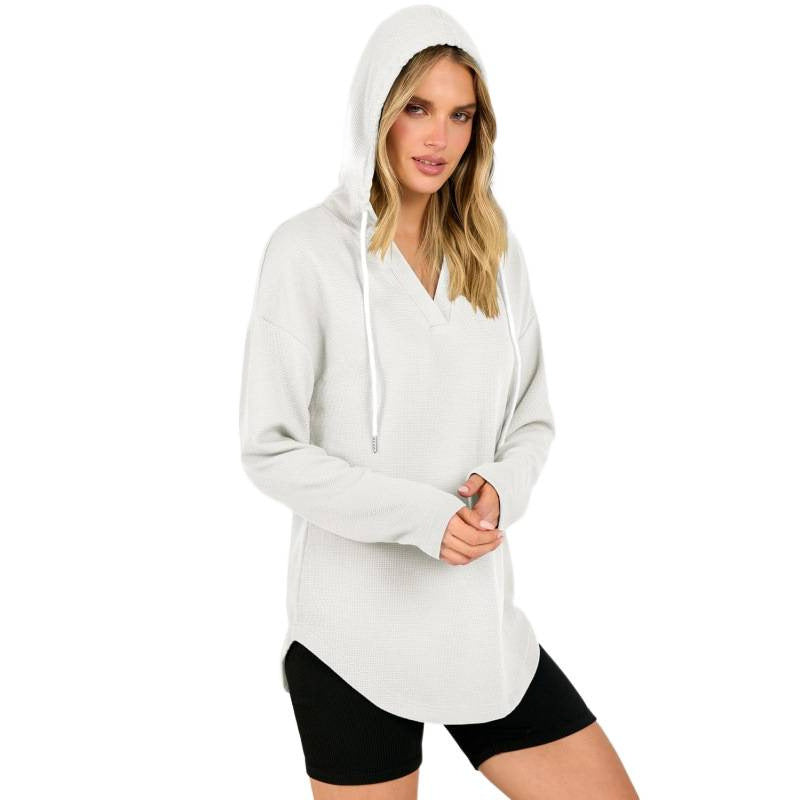 Damen Waffelstrick-Kapuzenpullover mit V-Ausschnitt, Oversize-Schnitt und Seitenschlitzen Shop Nory