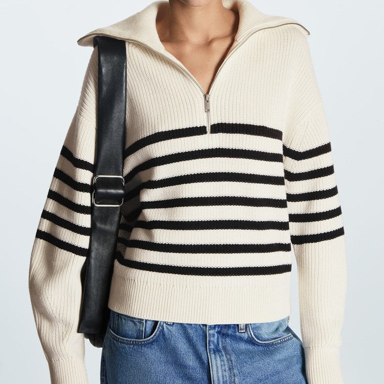 Damen Gestreifter Half‑Zip Strickpullover mit Matrosenkragen und überschnittener Schulter Shop Nory