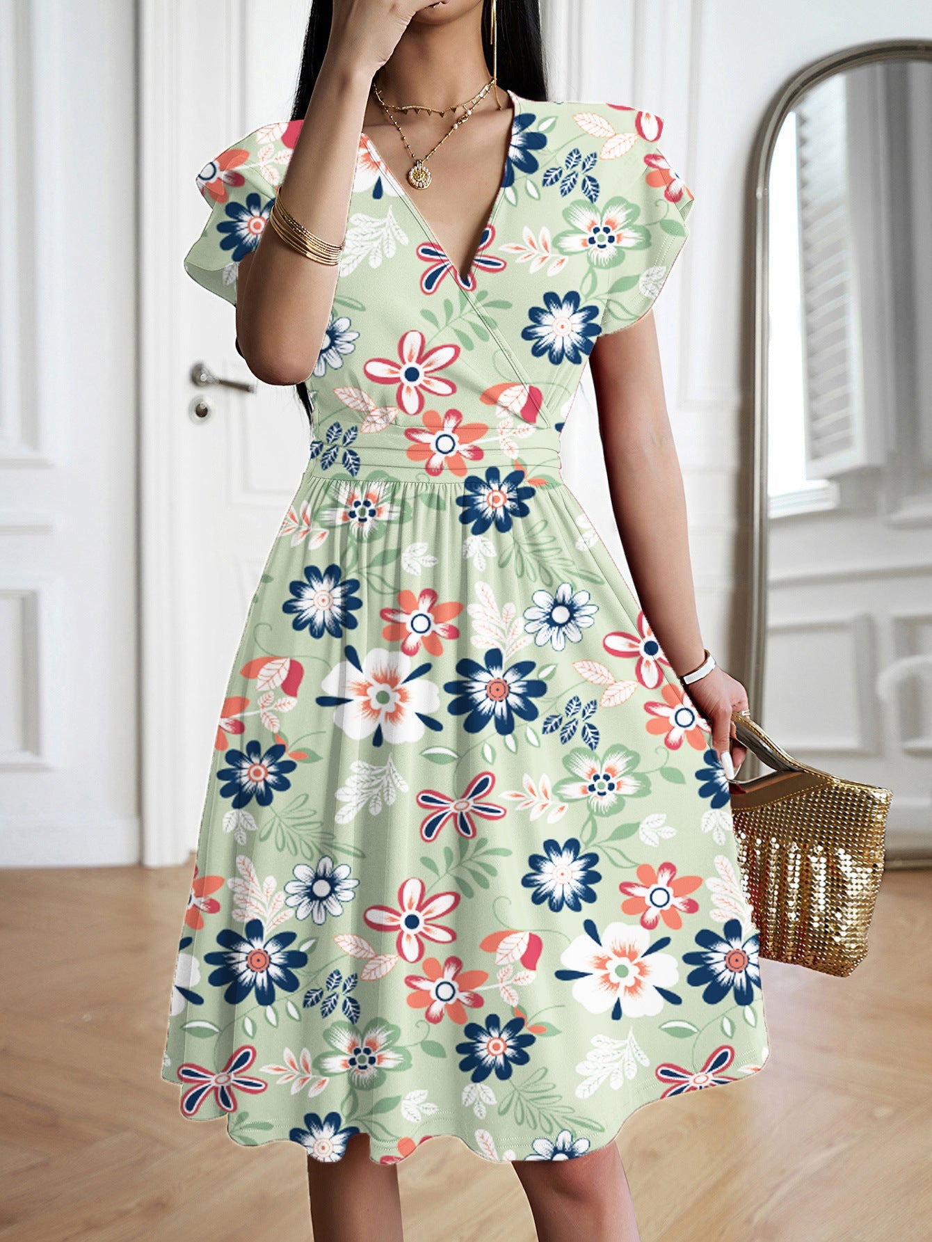Damen elegantes Wickelkleid mit Rüschendetails und Taillierung