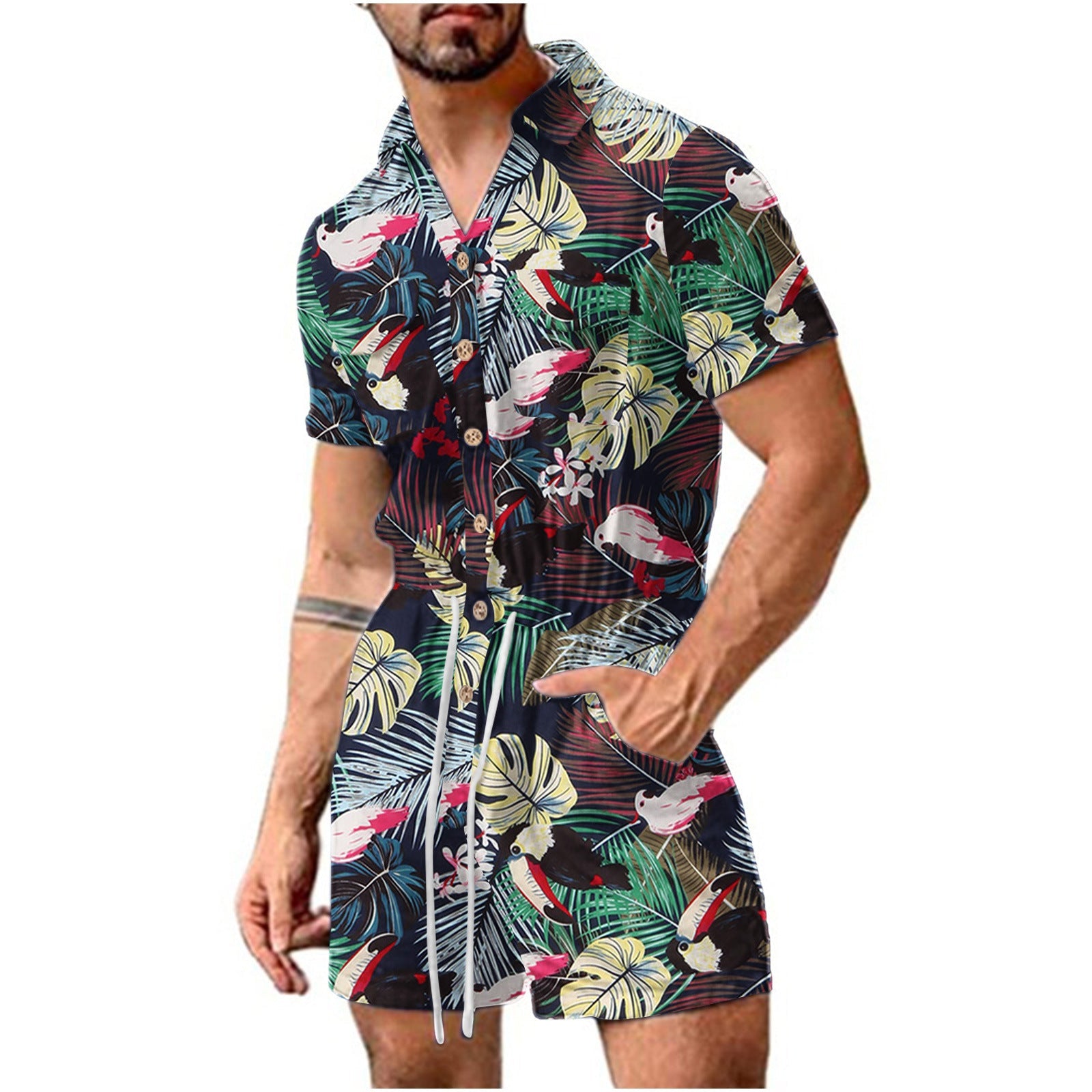 Herren Kurzoverall mit lShopnoryhaftem Blumenmuster Shopnory
