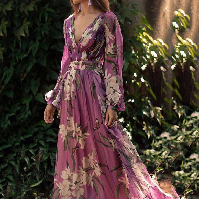 Damen Maxi-Kleid mit floralem Chiffon und elegantem Volant