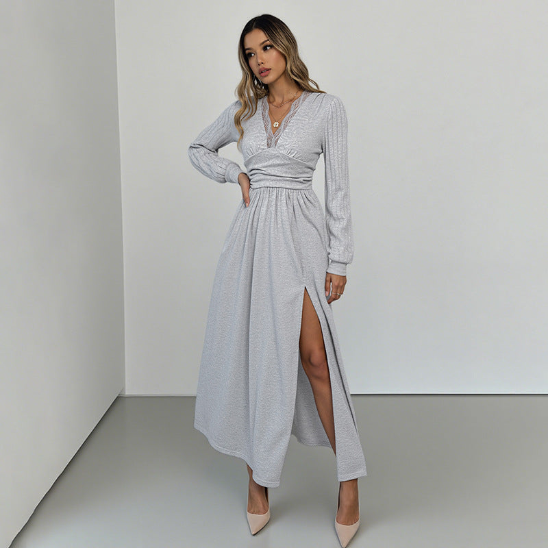 Damen Elegantes Wickel‑Maxikleid mit Spitzenbesatz, tailliertem Knotenbund und hohem Beinschlitz Shop Nory