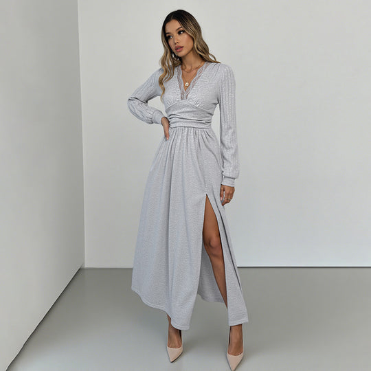 Damen Elegantes Wickel‑Maxikleid mit Spitzenbesatz, tailliertem Knotenbund und hohem Beinschlitz Shop Nory