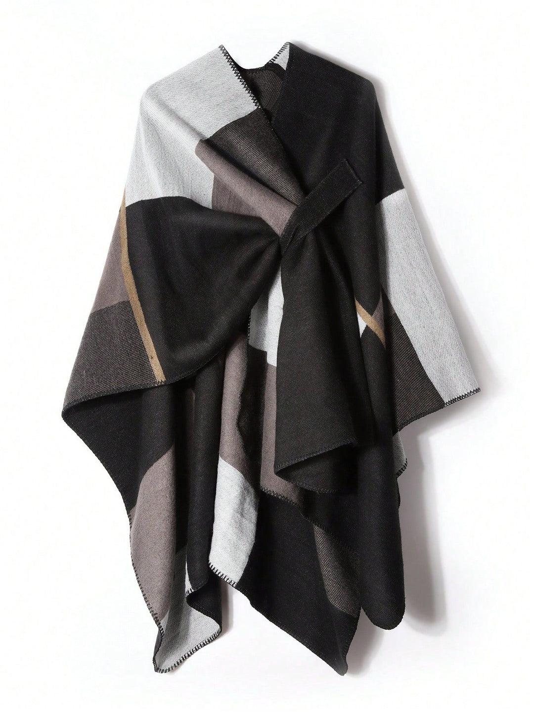 Damen Weicher Wollmix-Poncho mit geometrischem Jacquard und offenem Wasserfall-Schnitt Shop Nory