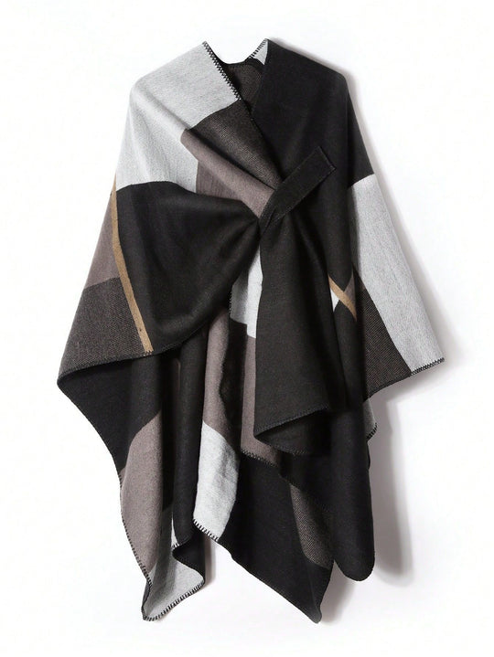 Damen Weicher Wollmix-Poncho mit geometrischem Jacquard und offenem Wasserfall-Schnitt Shop Nory