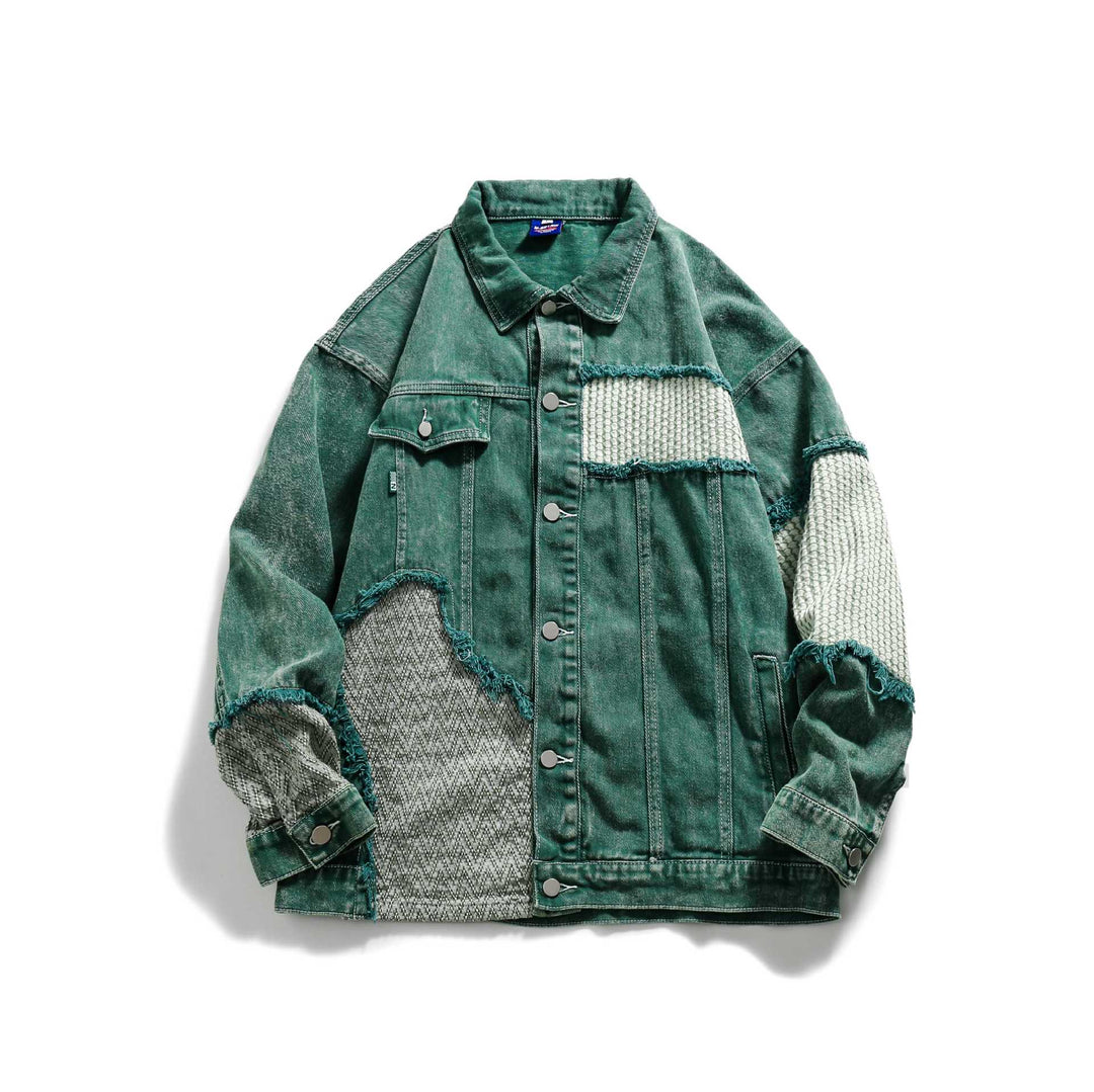 Unisex Patchwork-Jeansjacke mit Strickeinsätzen und ausgefransten Kanten Shop Nory