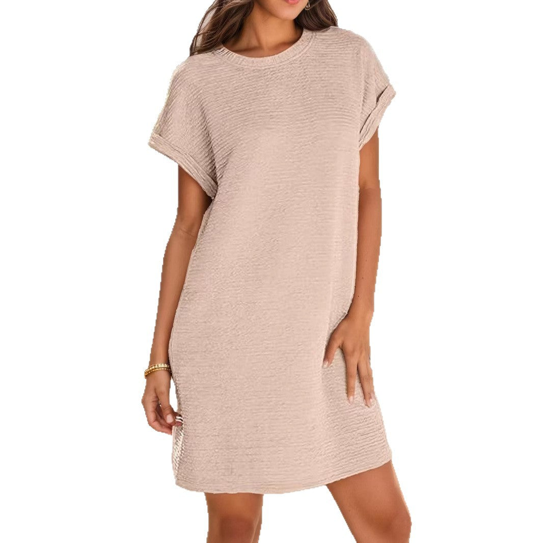 Damen lässiges Minikleid mit strukturiertem Stoff und umschlagbaren Ärmeln