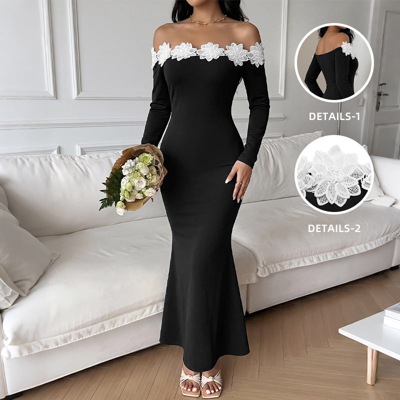 Damen Schulterfreies Maxikleid mit Carmen‑Ausschnitt, figurbetonter Silhouette und Spitzenblütenbesatz Shop Nory