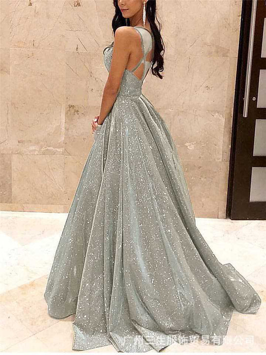 Damen Spaghettiträger V-Ausschnitt A-Linie Glitzer Maxi Ballkleid