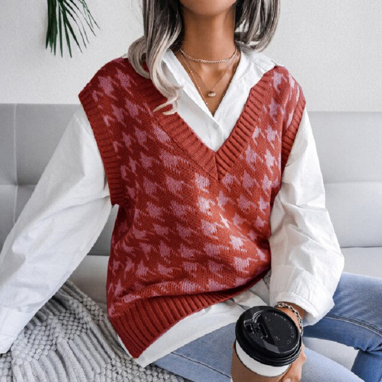 Damen Oversize Strickweste mit Hahnentritt-Muster und V-Ausschnitt Shop Nory