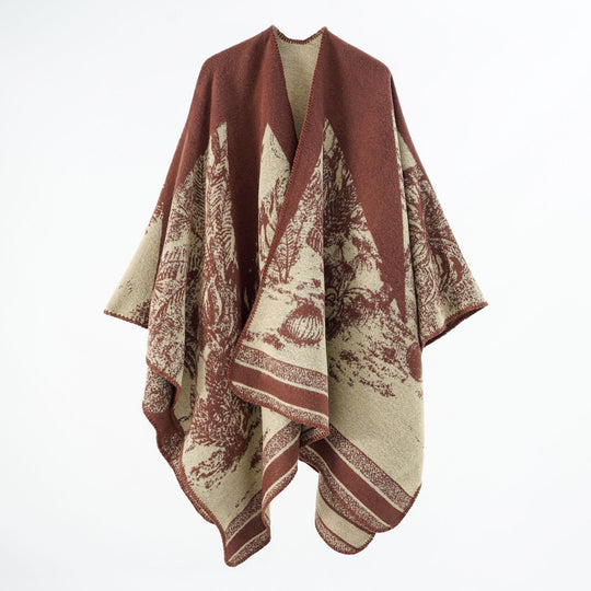 Damen Capeponcho aus Wollmix mit zweifarbiger Jacquardstruktur und Zierstichrand Shop Nory