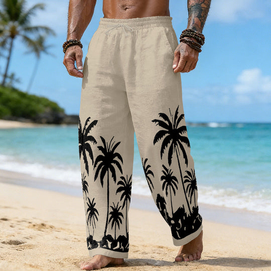 Herren Lässige weite Leinenhose mit elastischem Bund und tonalem Palmenprint Shop Nory