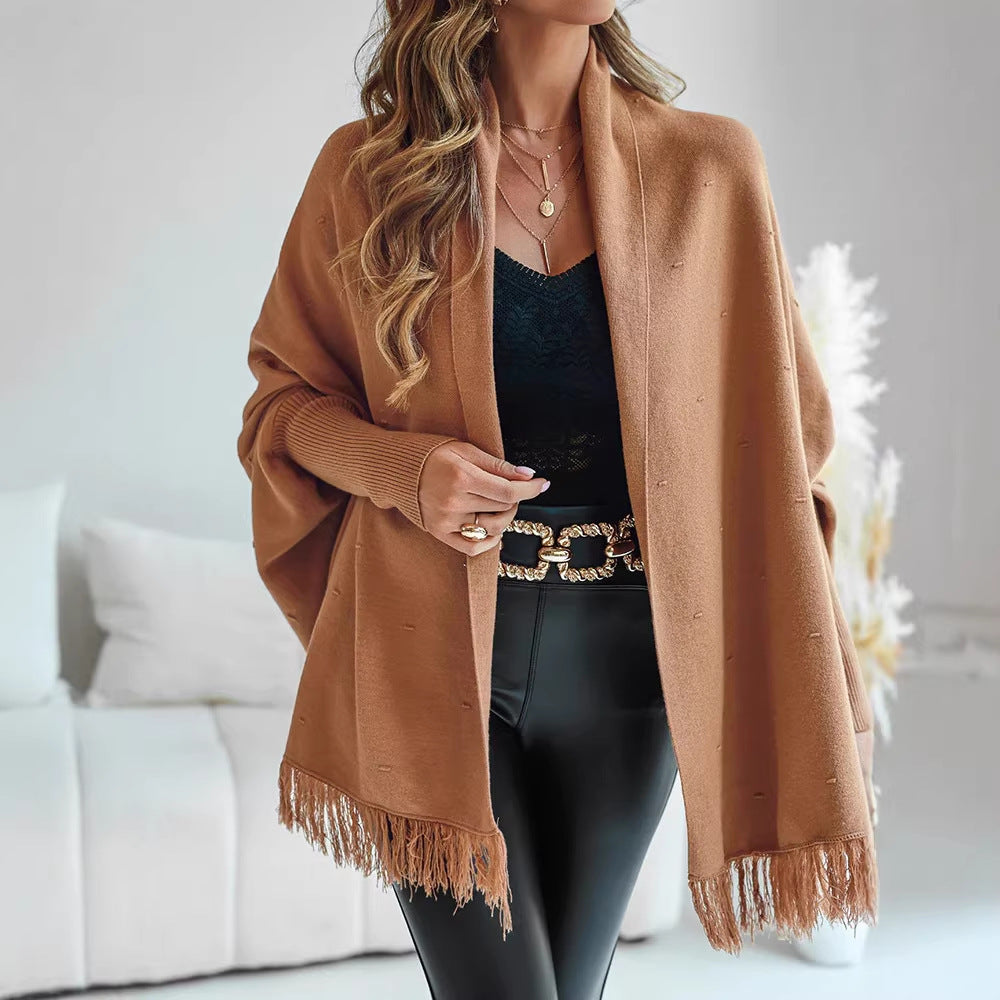 Damen Fransen‑Poncho‑Cardigan mit dekorativem Taillengürtel und Rippbündchen Shop Nory