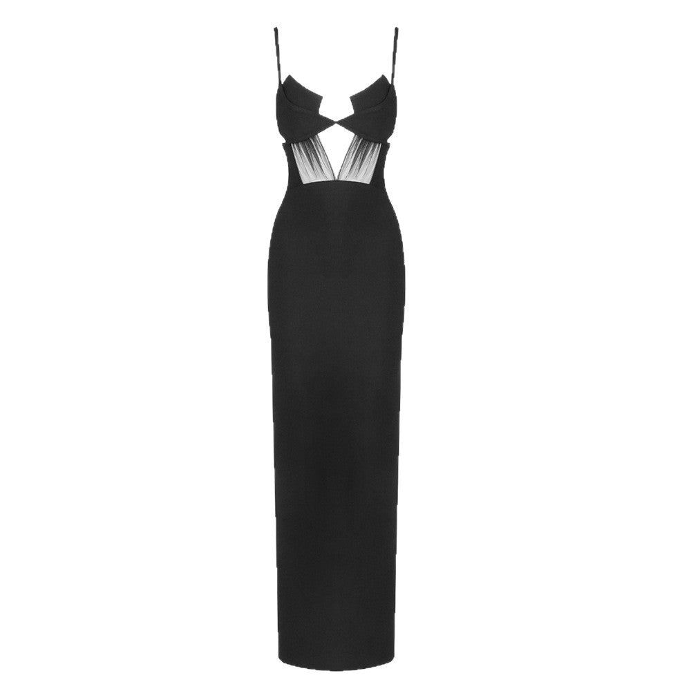 Damen elegantes Cut-Out Maxikleid mit tiefem V-Ausschnitt und transparenten Akzenten