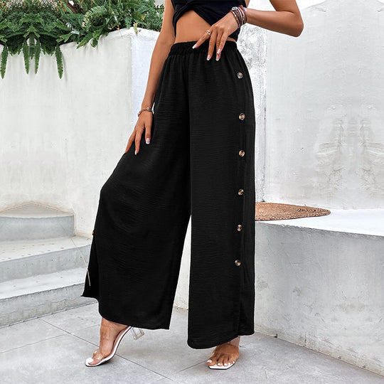 Damen Weite Palazzo-Hose mit elastischem Bund, Seitenschlitz und Zierknopfleiste Shop Nory