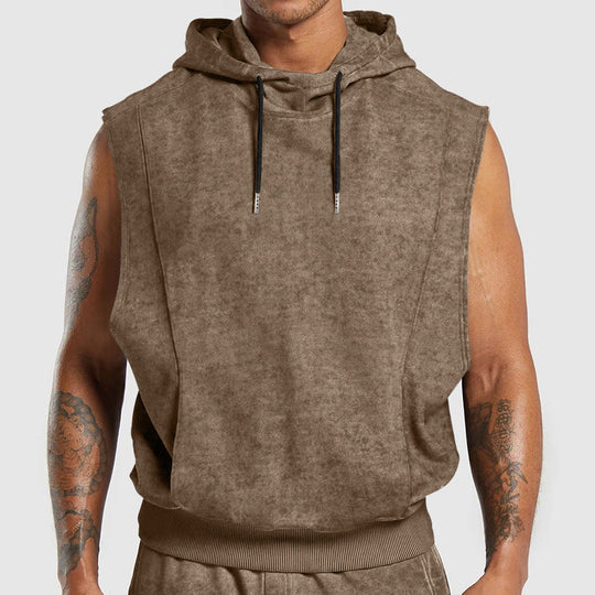 Herren nan ärmelloser Kapuzenpullover in Steinwasch-Optik mit tiefem Armausschnitt und geripptem Bund Shopnory